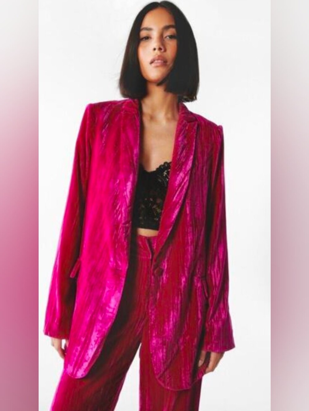 NWOT Nasty Gal Hot Pink Velvet V Neck Oversized Blazer